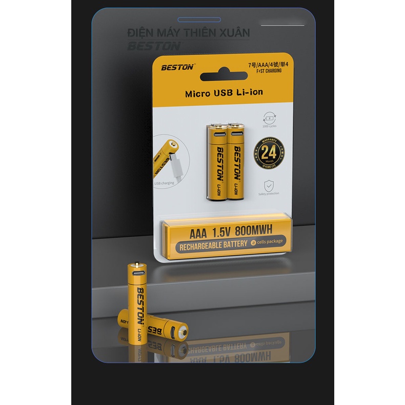 Pin sạc AA AAA 1.5V Beston Lithium-ion (Vỉ 02 Pin) USB dung lượng lớn đến 3500mWh cho Micro karaoke, máy đo huyết áp