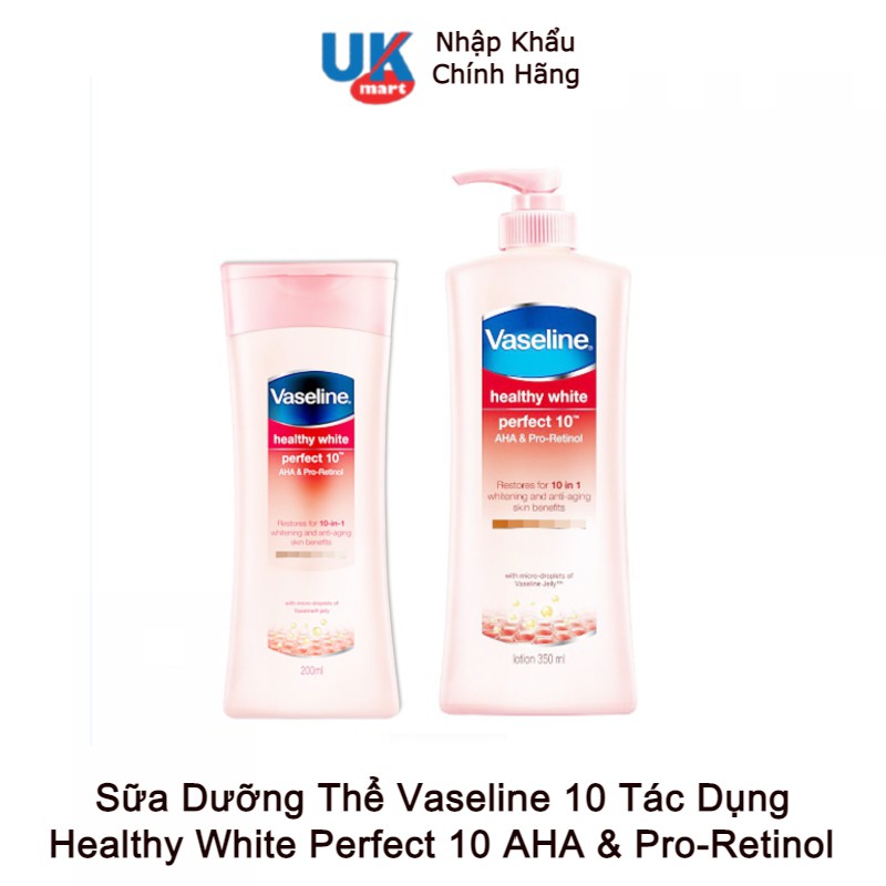 Sữa Dưỡng Thể Trắng Da Ngăn Ngừa Lão Hóa Vaseline Healthy White Perfect 10 AHA & Pro-Retinol 200~350ml