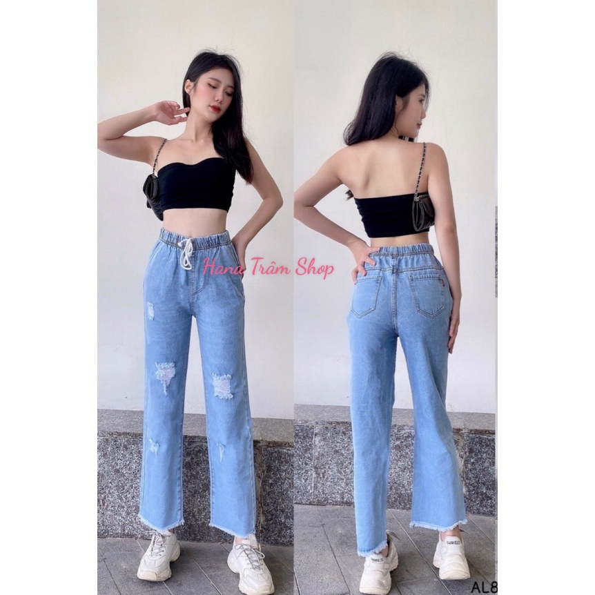 Quần Baggy Jean Nữ Lưng Thun Dáng Dài Mẫu Rách Nhẹ Ống Rộng Tua Lai