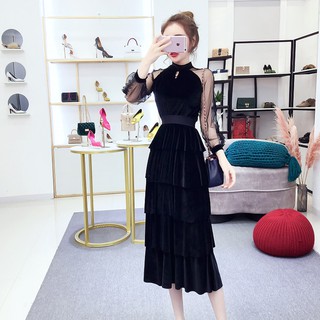 Đầm nhung đen xếp tầng phối vải lụa lưới ren thời trang cho nữ