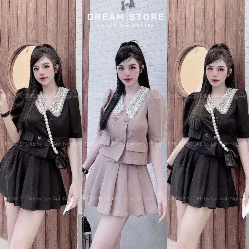 Sét Bộ Mango Cổ Bèo Ren Tay Ngắn Chân Váy Lót Quần