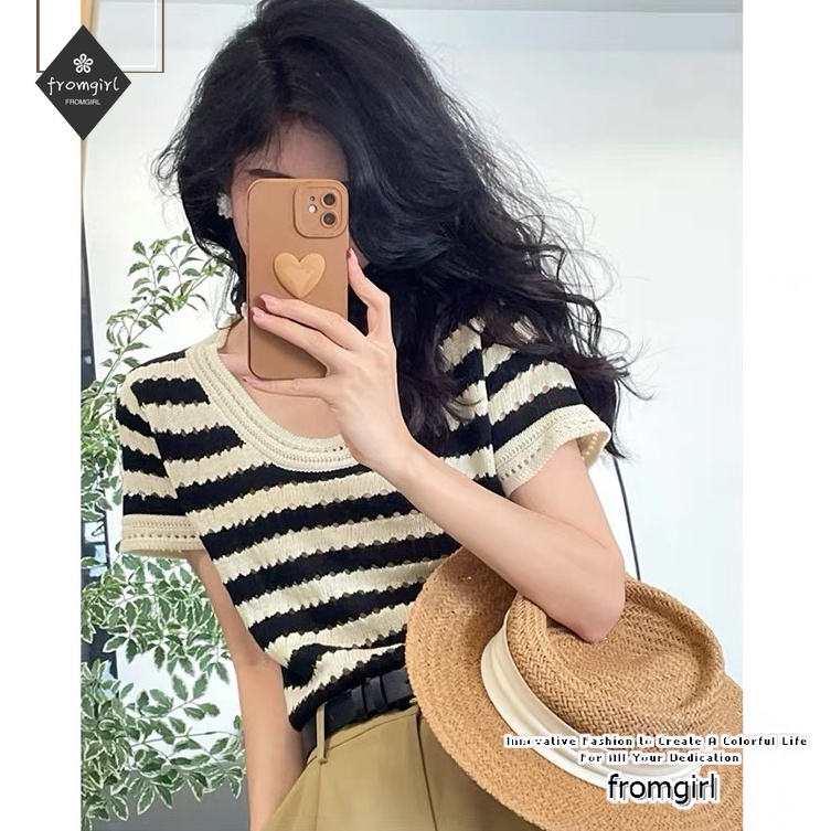Áo Len Ngắn Tay Họa Tiết Kẻ Sọc Thời Trang Mùa Hè Cho Nữ