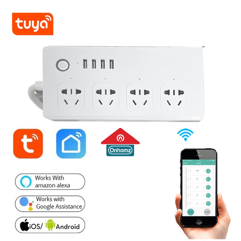 [Onhomz] Ổ điện wifi Tuya Smartliffe 4 ổ cắm và USB điều khiển từ xa công suất cao bảo vệ chống cháy