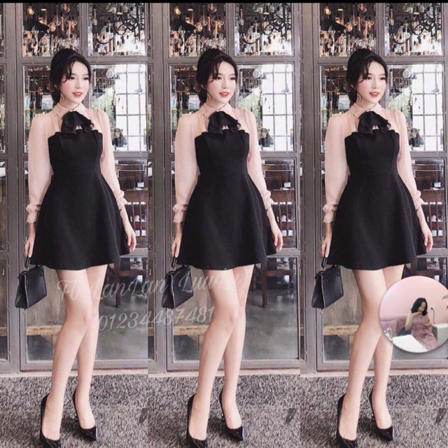 Váy cổ nơ tay voan mềm pha be đen