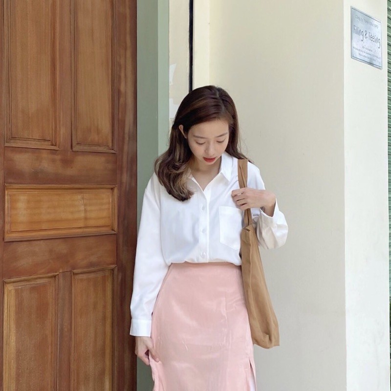 Sibling House - Áo sơ mi tay dài 1 túi màu trắng Basic shirt