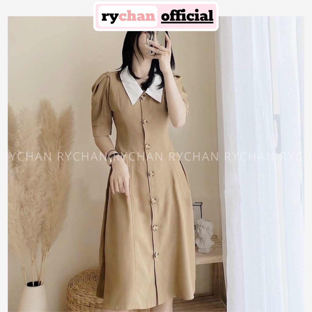 Đầm Nữ Dự Tiệc Sang Trọng Dáng Dài Cổ Trắng Nút Trước Tay Ngắn Bo Eo Cực Thanh Lịch Màu Nude Đen - DX9789