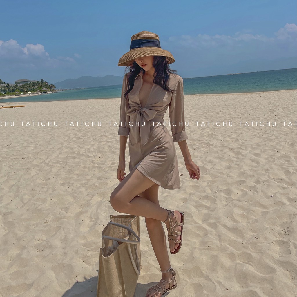 Tropicana Shirt Dress- Đầm sơ mi cổ xẻ V cột nơ, đầm linen đi biển, mùa hè | BigBuy360 - bigbuy360.vn