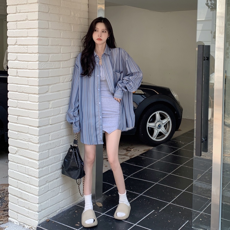 Áo sơ mi SUXI tay dài họa tiết kẻ sọc thời trang dành cho nữ