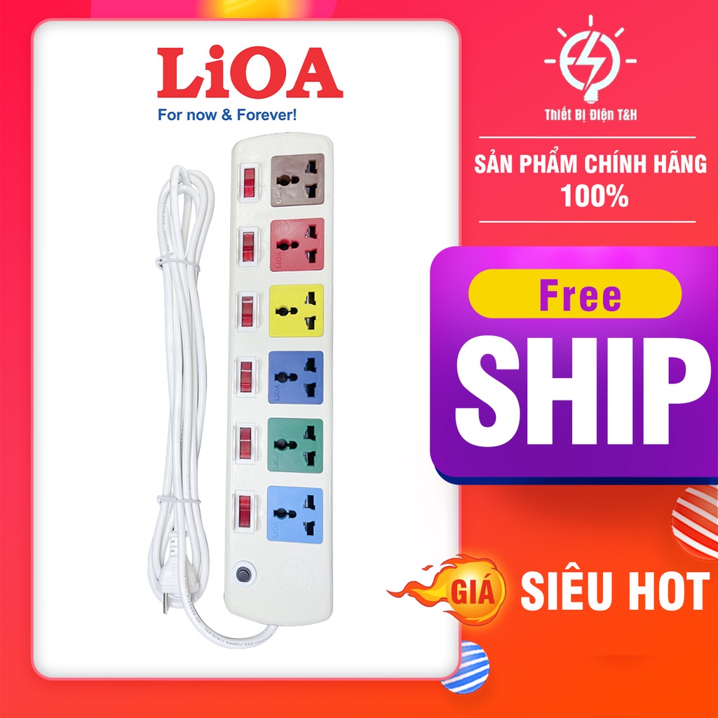 Ổ cắm điện đa năng LIOA, 2200W, 6 ổ cắm, 6 công tắc, dây dài 3M, 5M, 6DOF32WN - Thiết Bị Điện T&H