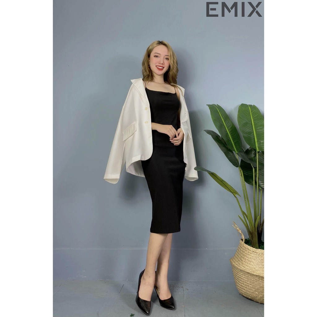 Váy body 2 dây sợ bún EMIX (màu đen), maxi, dáng dài, ôm, vải thun, mềm mại, siêu co giãn, không xù, mix gì cũng hợp
