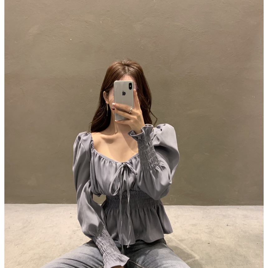 Áo Sơ Mi Tay Phồng Dài Cổ Vuông Kiểu Vintage Pháp Dễ Thương Cho Nữ