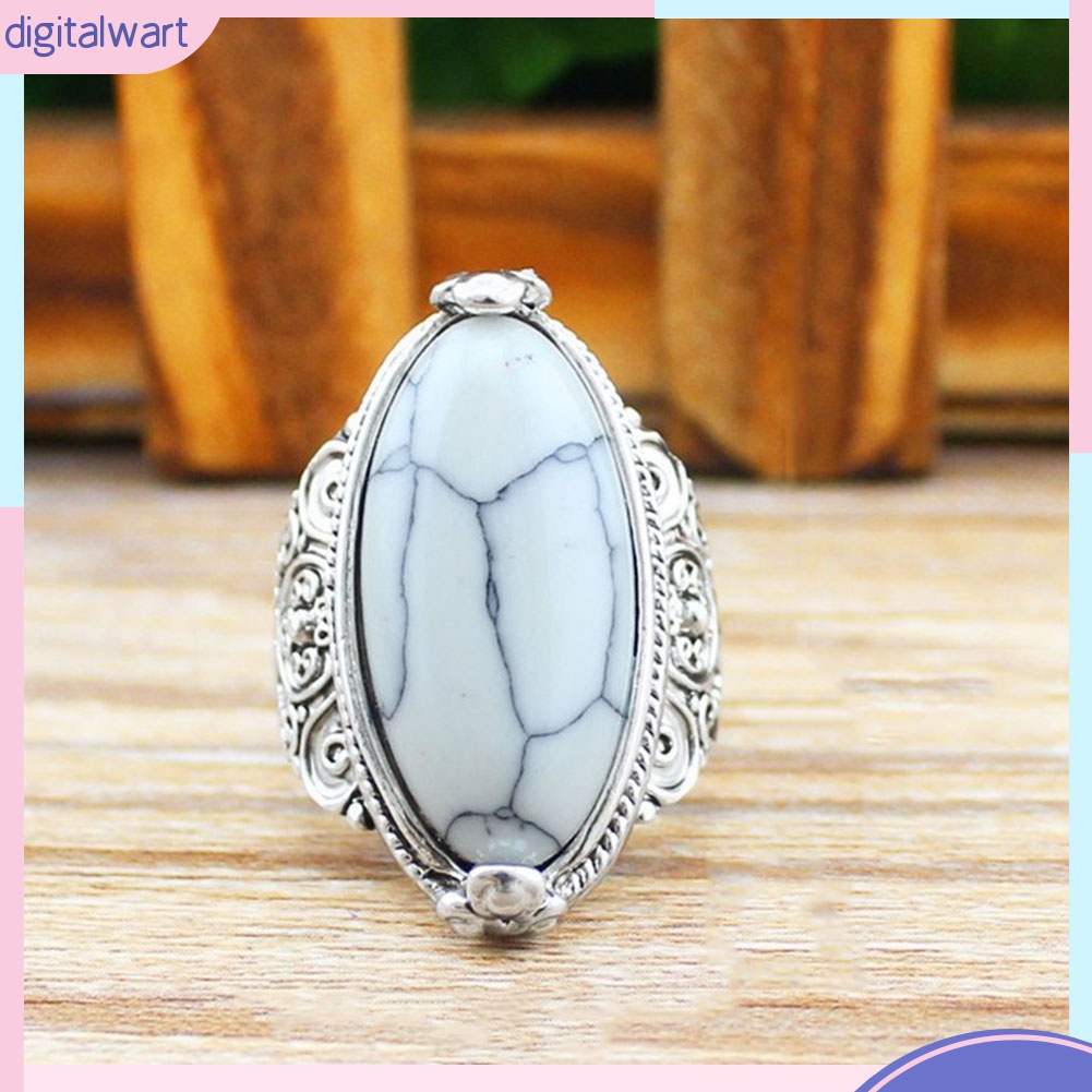 Nhẫn Mạ Bạc Chạm Khắc Đính Đá Ngọc Lam Hình Oval Phong Cách Boho Cổ Điển