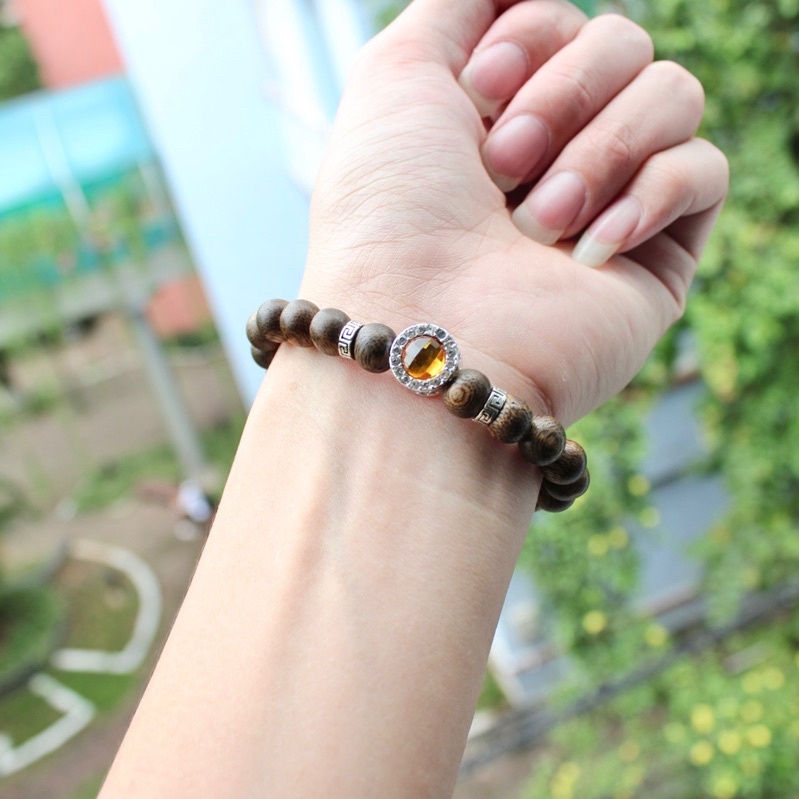 Vòng tay gỗ trầm hương mix charm đá pandora Trầm Tốc hương thơm tự nhiên size 8mn