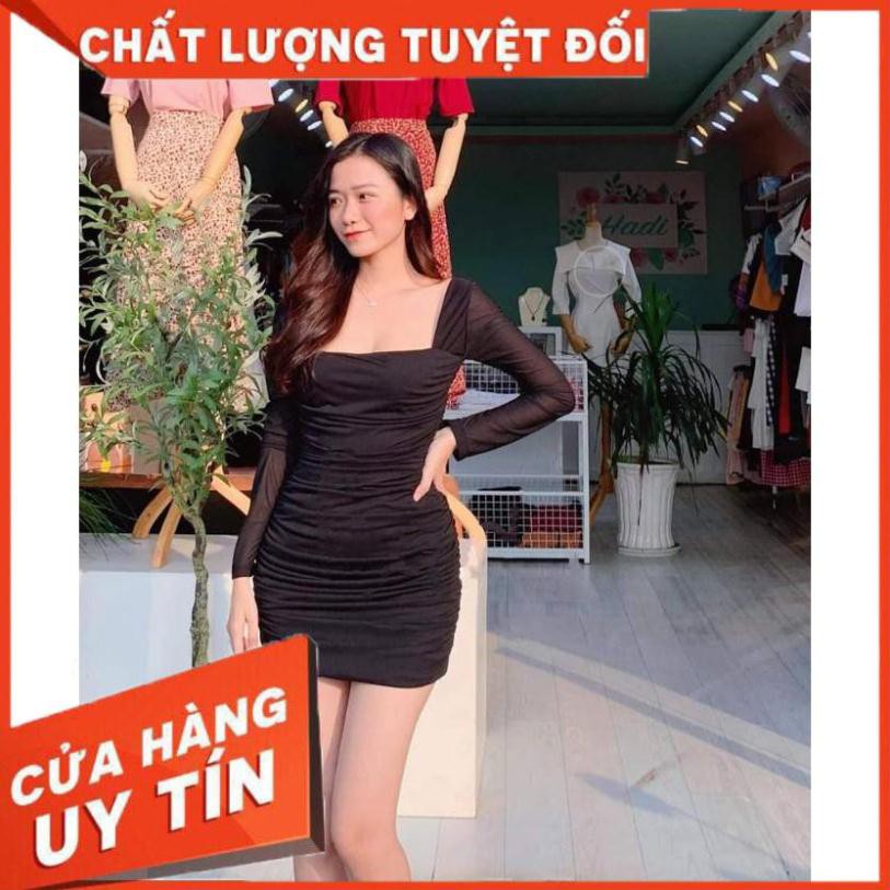 [SANG TRỌNG] -  Đầm Body Cổ Vuông Lưới Mịn (ĐEN)