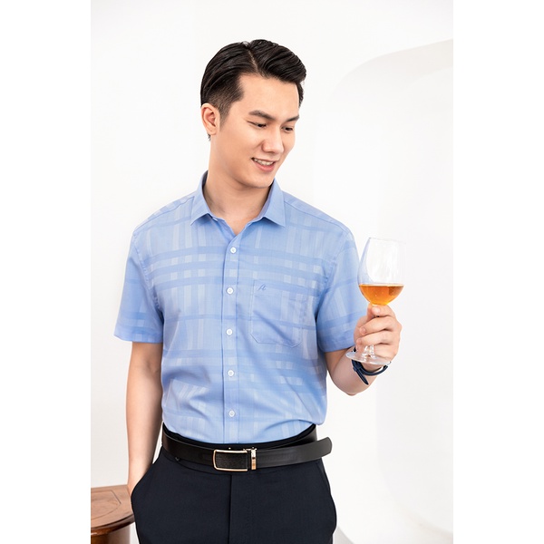Áo Sơ Mi Nam Công Sở Trung Niên Anton Somianton Xanh Dương Ngắn Tay Họa Tiết Kẻ Caro Vải Sợi Tre Thấm Hút Mồ Hôi - NT203