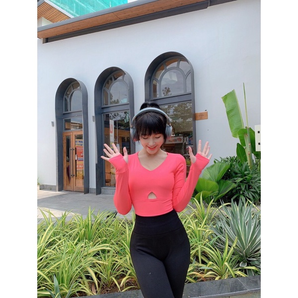 Áo croptop tay dài, Áo tay dài nữ kèm mút ngực, áo tập yoga gym dài tay