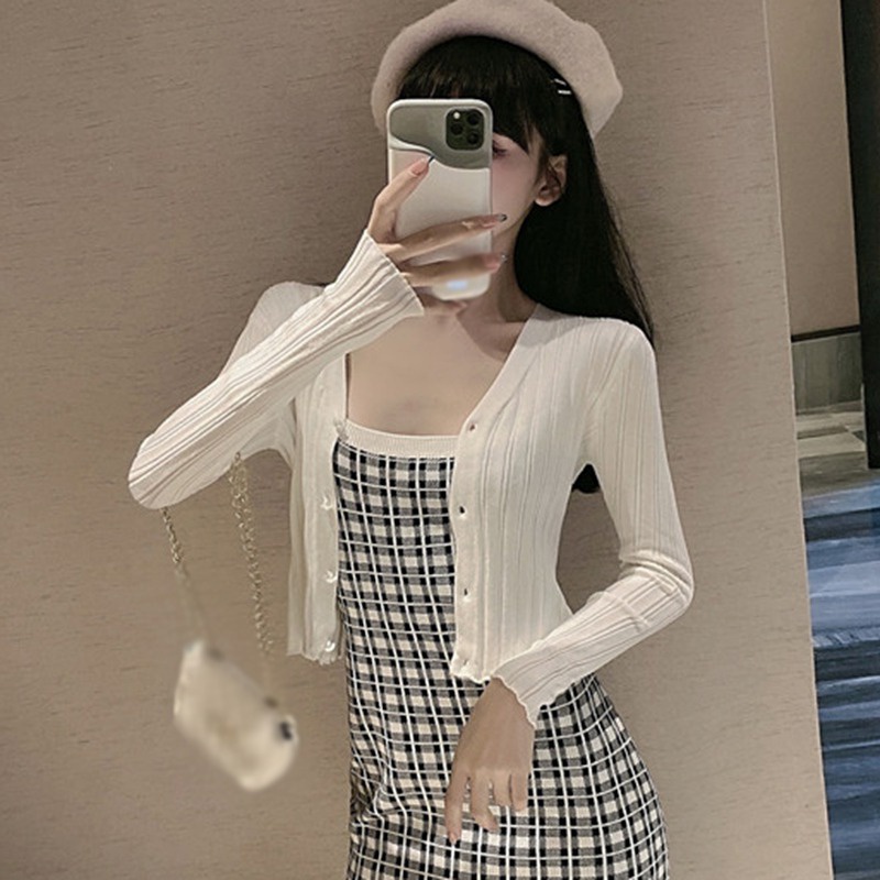 Áo khoác cardigan dệt kim dài tay cổ chữ V thiết kế cài nút thời trang nữ