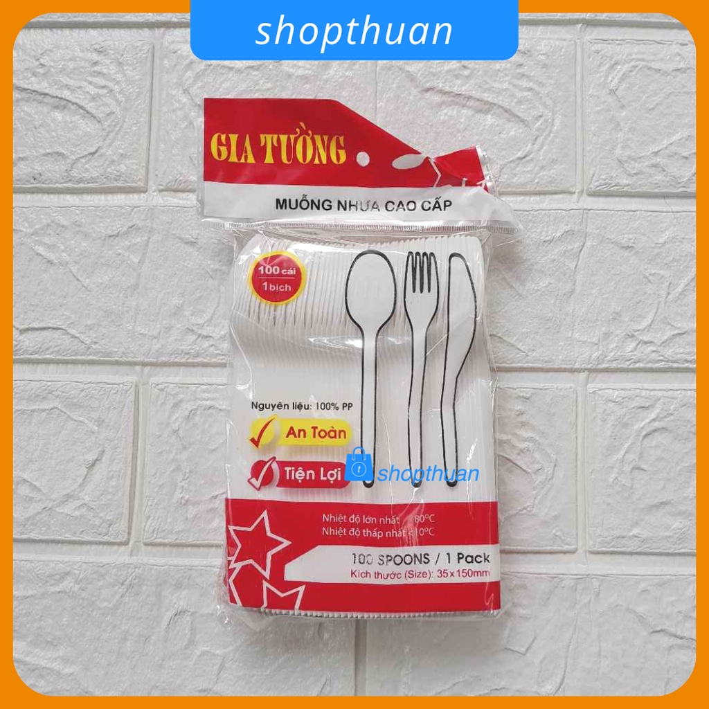 Muỗng nhựa cao cấp Gia Tường 100 cái/ túi màu trắng, dùng 1 lần, size 35 x 150 mm