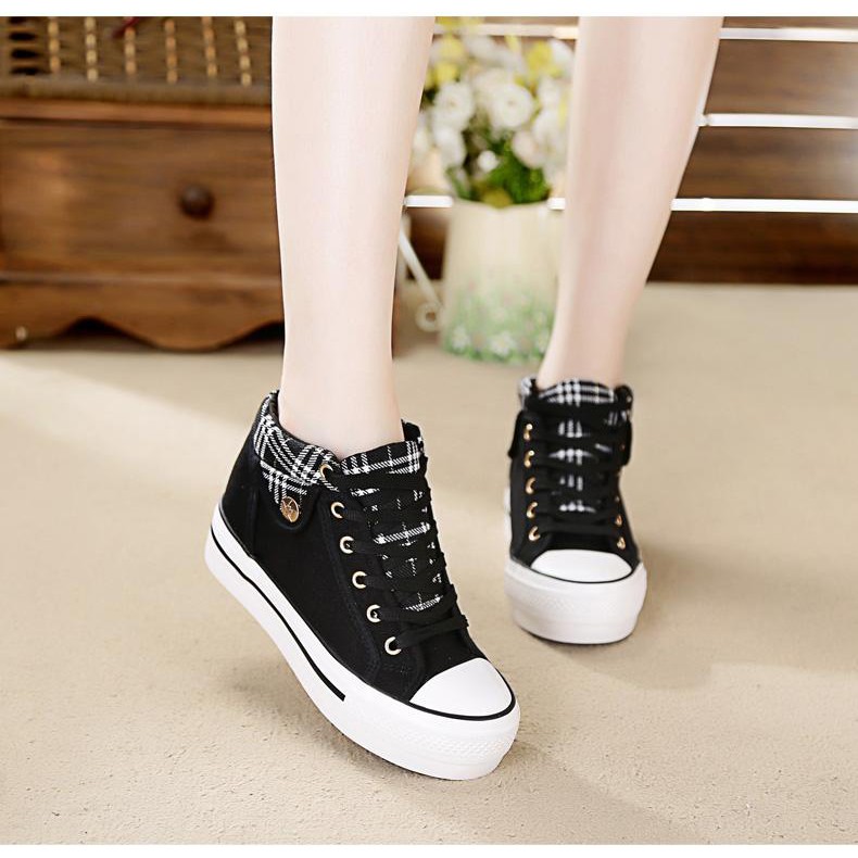 Giày sneakers vải canvas họa tiết kẻ đế cao 7cm PS372-1130