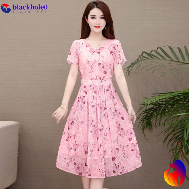 BH Summer Slim V-neck Floral Dress Elegant Short Sleeves Middle Long Printing Causal Dress