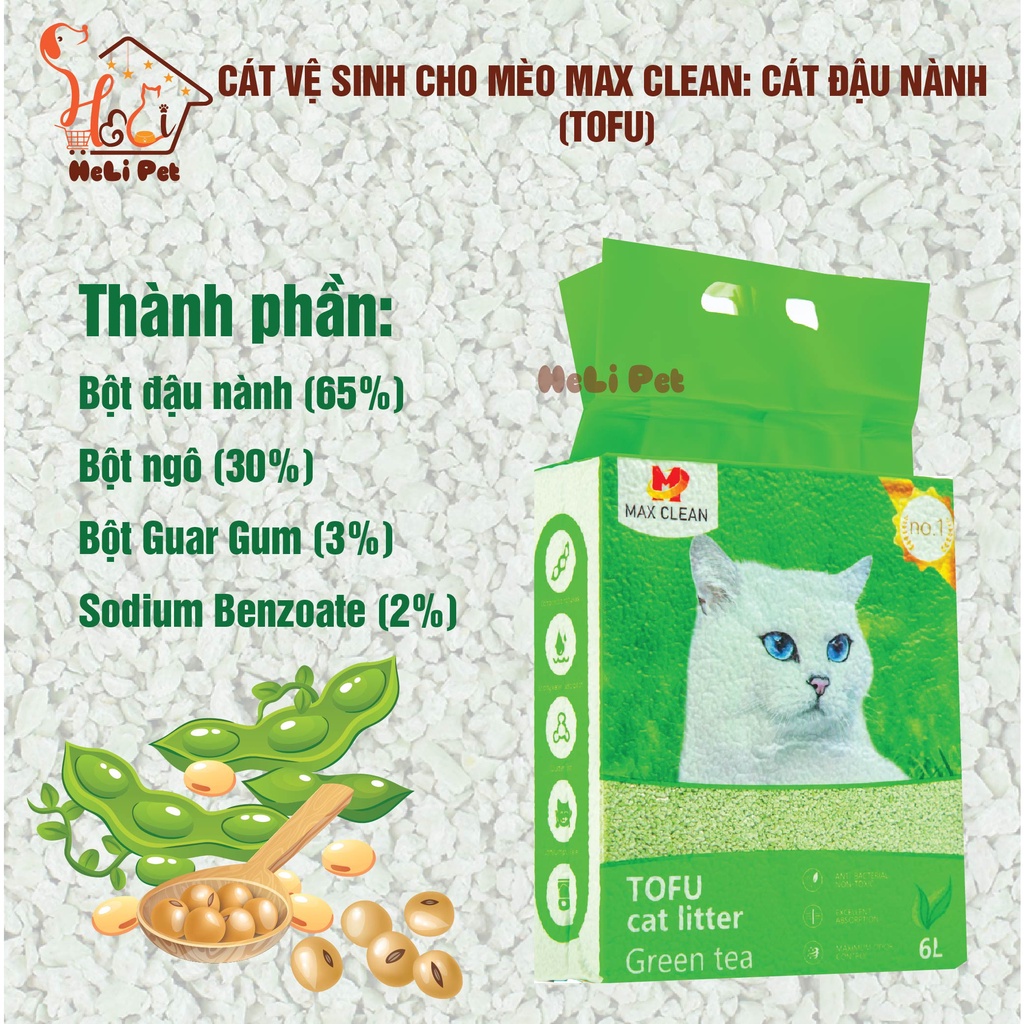 Cát Đậu Nành Max Clean Cát Vệ Sinh Cao Cấp Cho Mèo Siêu Vón Cục Không Bụi Hương Trà Xanh HeLiPet