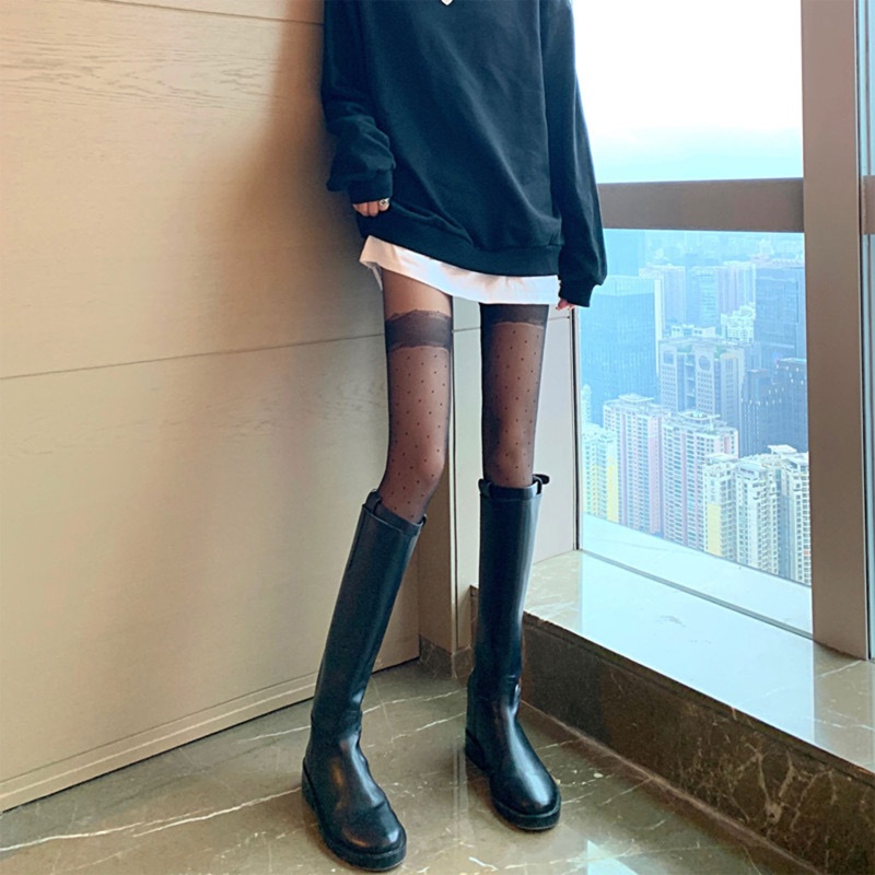 Xiangbao Quần Tất Bó Sát Siêu Mỏng xiangbao Họa Tiết Sọc Caro / Chấm Bi Giả Ren Gợi Cảm