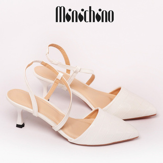 Giày sandal nữ gót cao 6cm MINICHINO giày cao gót nữ mũi nhọn phối dây hở gót, da kiểu vân trúc màu trắng TC057