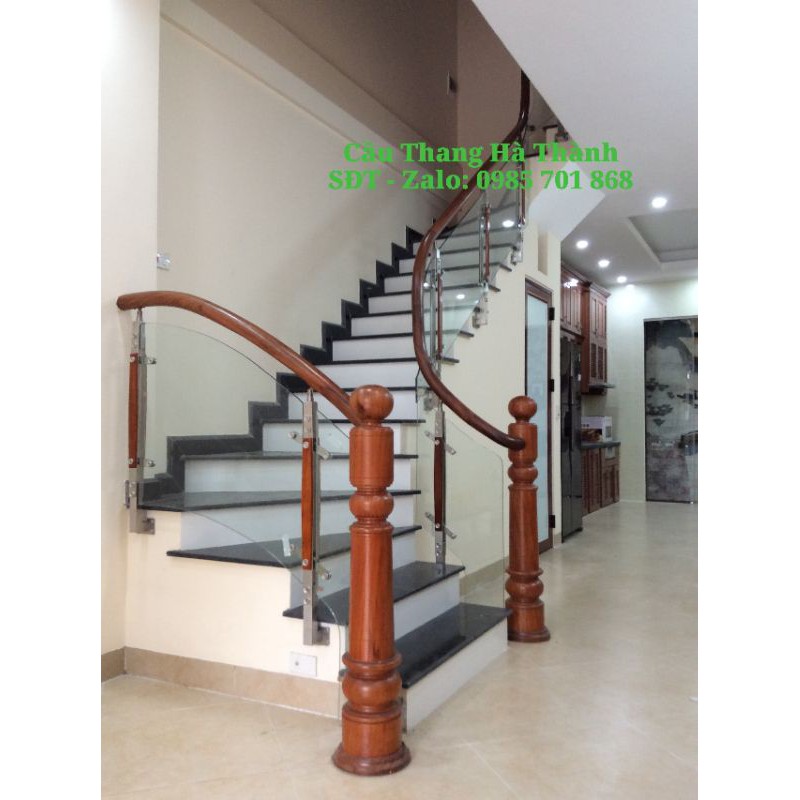 Cầu Thang Kính chân tiện inox nẹp gỗ