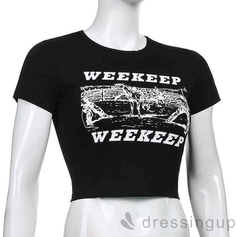 DRESSINGUP-Áo Thun Tay Ngắn Cổ Tròn In Chữ Cá Tính Cho Nữ