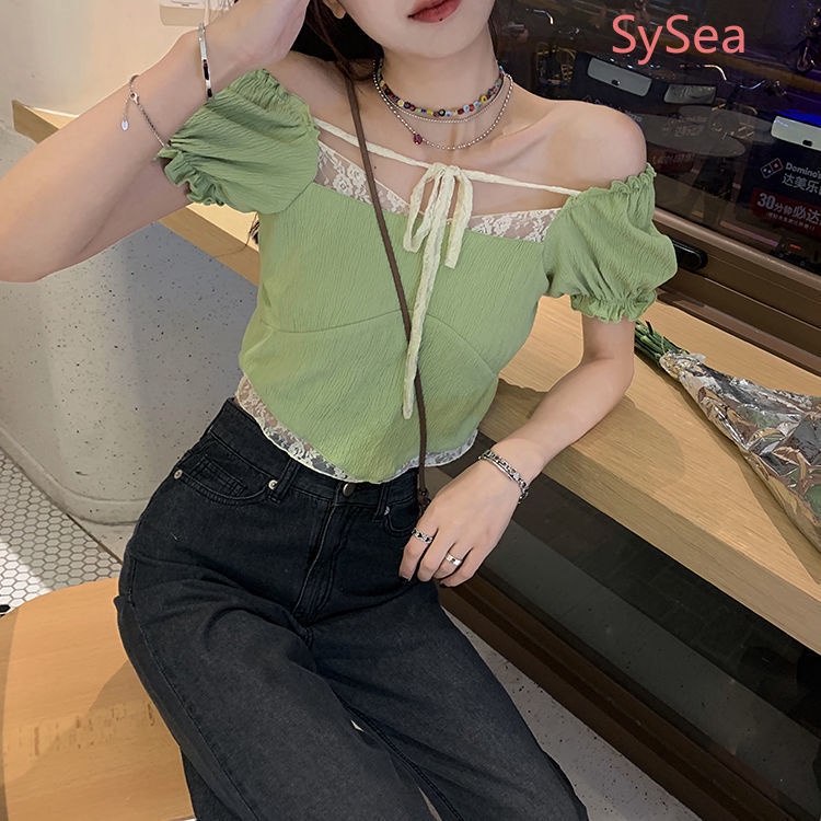 Áo croptop tay phồng ngắn phối ren quyến rũ thời trang mùa hè cho nữ