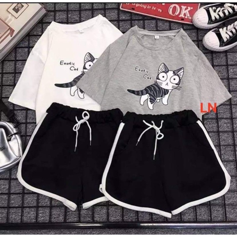 Sét áo mèo cát + quần đùi viền LN0421