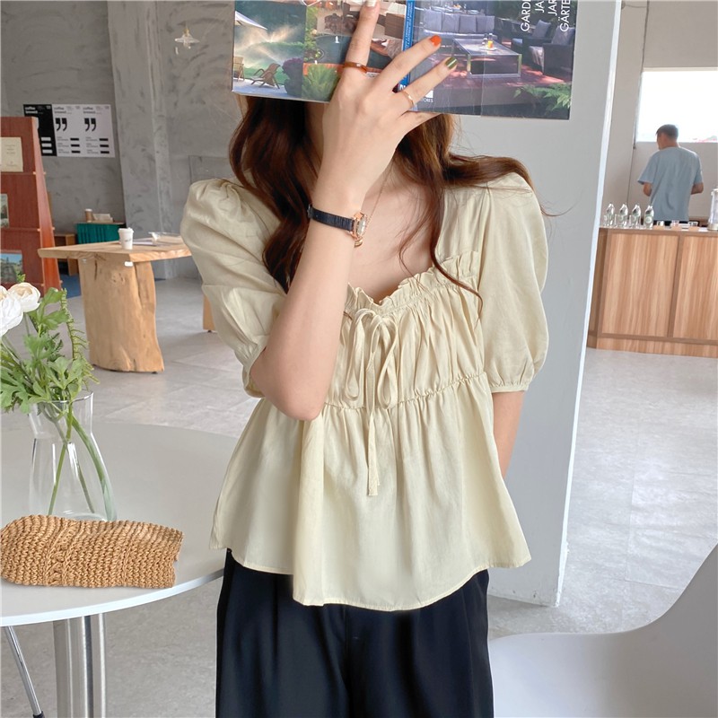 Áo kiểu nữ Thiết kế Retro Cổ vuông Tay bồng Lộ xương quai xanh Ulzzang Hàn Quốc Áo nữ kiểu Bánh bèo Búp bê Ngọt ngào | BigBuy360 - bigbuy360.vn