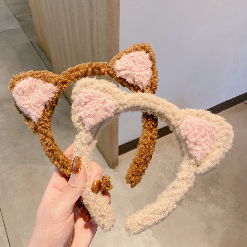 Băng Đô Cài Tóc Rửa Mặt Phối Lông Hình Tai Mèo Dễ Thương Cho Nữ