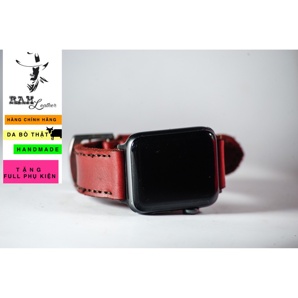 Dây apple watch da bò đỏ đô handmade bền chắc cực đẹp RAM Leather classic 1982 - tặng khóa chốt và cây thay dây