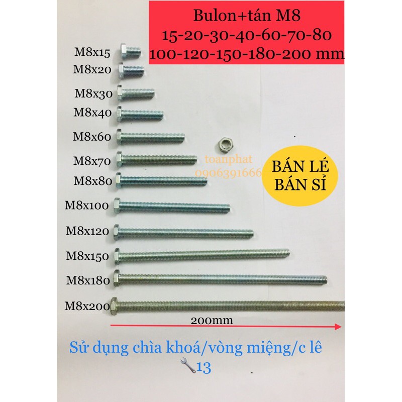 10 bộ bulon + tán M8 | size M8x15/M8x20/M8x30/M8x40/M8x50/M8x60 mm