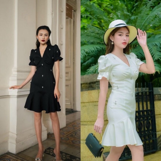 Đầm thun ôm thiết kế cao cấp đuôi cá cổ tim tay phồng cổ điển sang trọng (kèm hình thật - CÓ BIG SIZE)