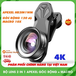Ống kính apexel 2in1,lens góc rộng và macro,góc rộng 120 độ,chuẩn 4K dành cho điện thoại