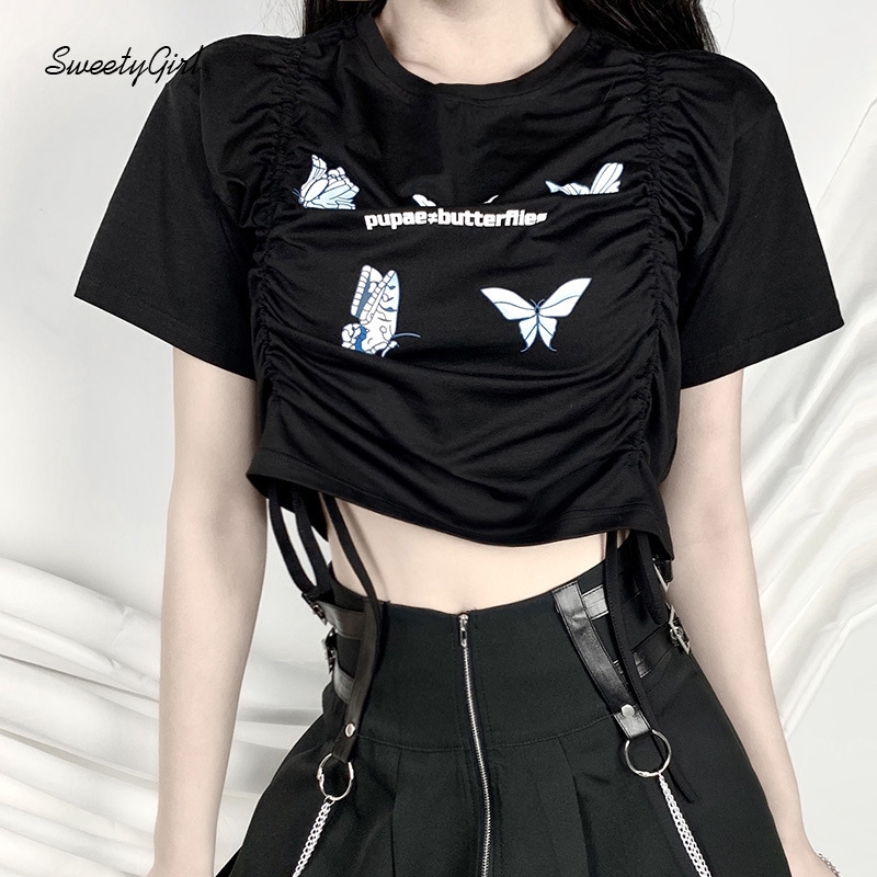 SweetyGirl Women Fashion Butterfly Printing Round Neck Short Sleeves Pleated Crop Top