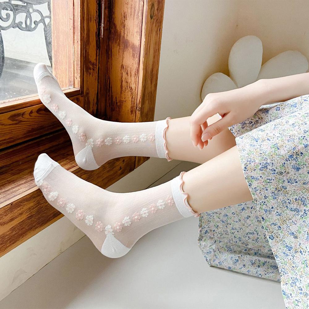 Vớ Trong Suốt Họa Tiết Hoa Phong Cách Harajuku Hàn Quốc Cho Nữ