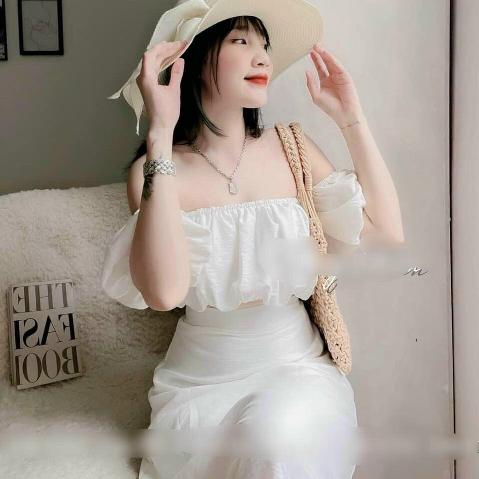 Set Váy Nữ Áo Croptop Trễ Vai Phối Chân Váy Chất Liệu Đũi Nhăn Nhẹ Nhàng, Set Bộ Đi Chơi Thiết Kế Kiểu Dáng Hiện Đại Mp