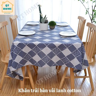 Khăn Trải Bàn Cao Cấp Vải  Lanh Cotton Tông Màu Xanh Đen Họa Tiết Hình Thoi