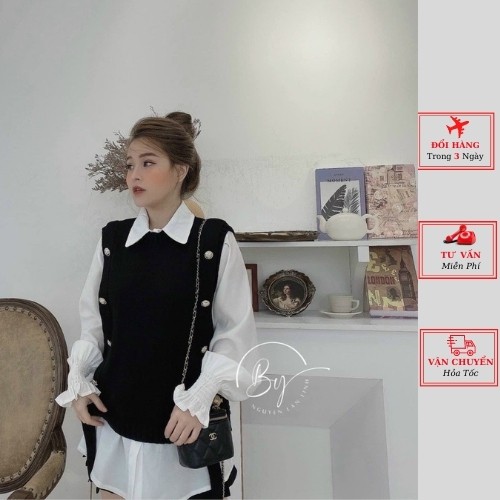 Áo sơ mi trắng chun tay nữ kèm gile len nâu đen công sở ulzzang Hàn Quốc