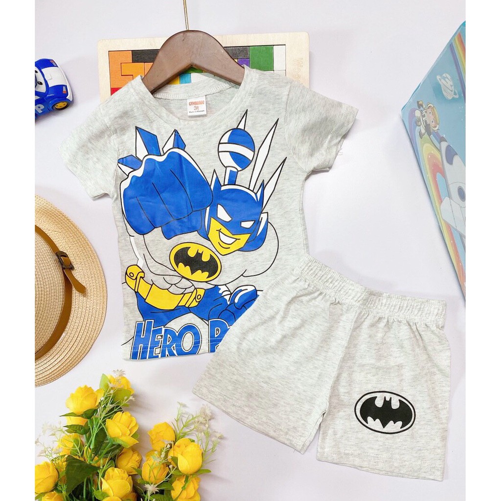 Bộ cộc tay cotton in hình siêu anh hùng cho bé trai 8kg đến 22kg