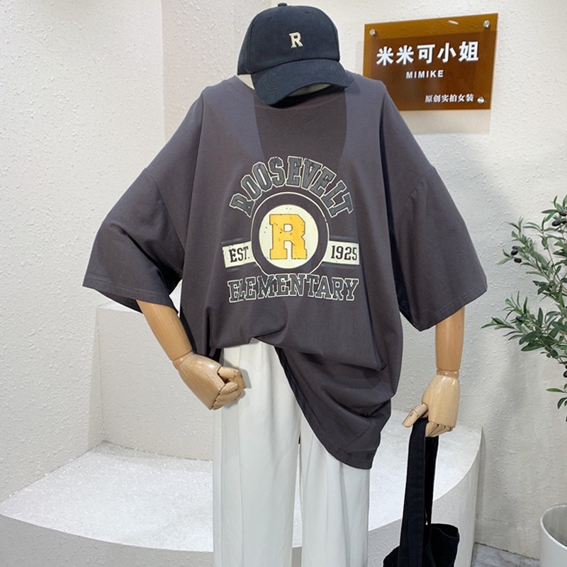 Áo phông 3158, áo thun tay lỡ form rộng chất cotton in hình R vàng