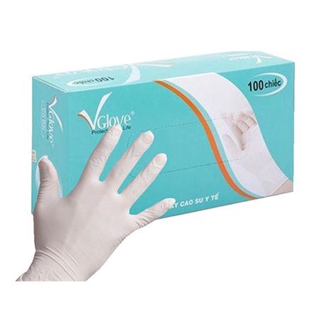 Găng tay cao su y tế màu trắng Vglove chính hãng, làm từ latex không gây kích ứng da. Hộp 100 găng tay y tế có bột