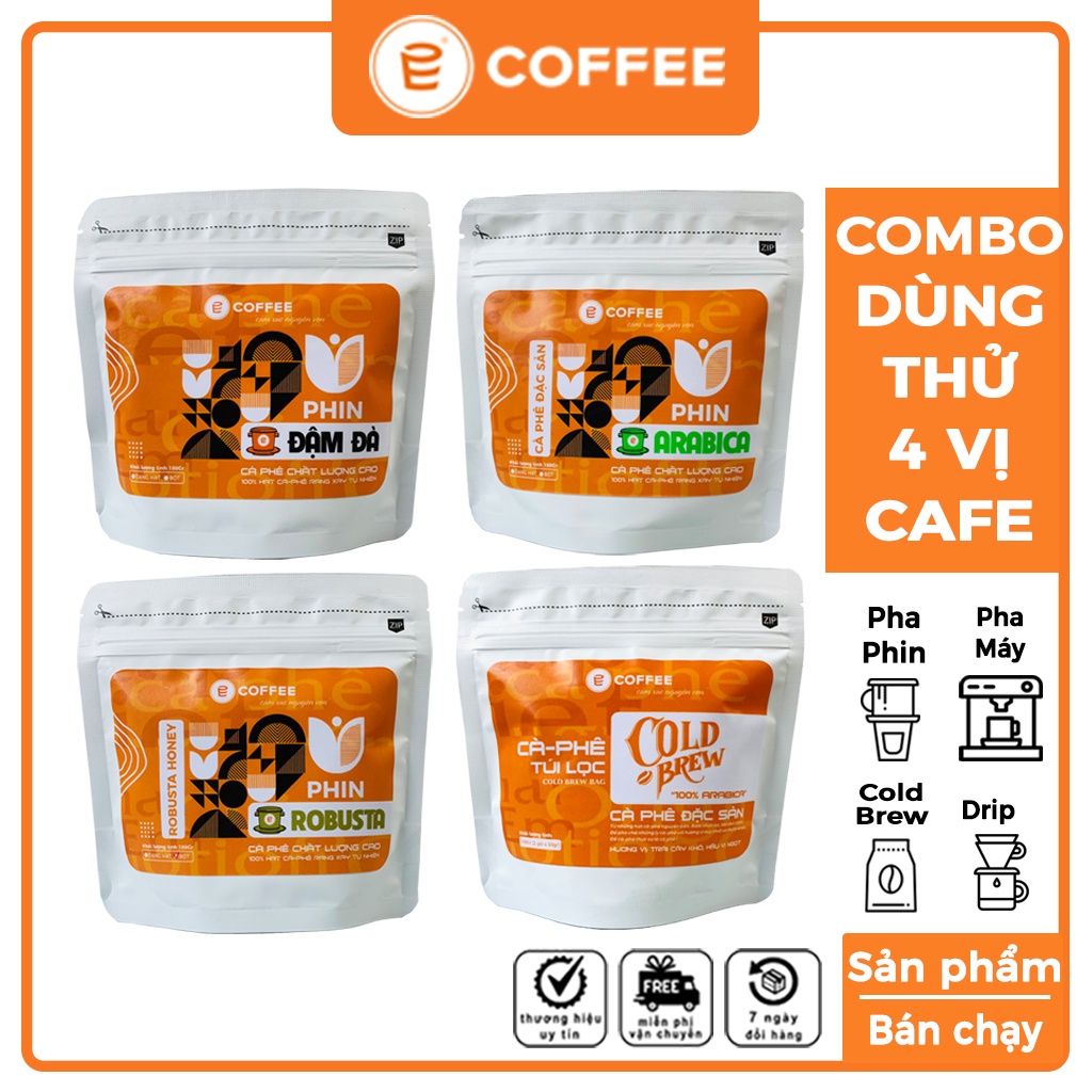Cà phê nguyên chất rang mộc E COFFEE, Combo 4 gói dùng thử trải nghiệm 4 vị cà phê rang xay chất lượng cao và tươi mới. | BigBuy360 - bigbuy360.vn
