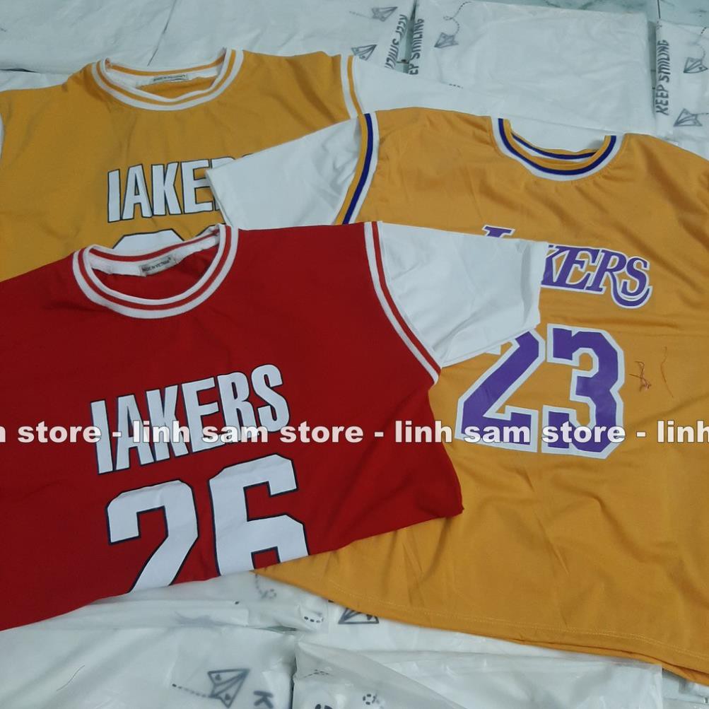 Áo thun tay lỡ nữ thể thao freesize phông form rộng Unisex, mặc lớp, nhóm, cặp phối kiểu bóng rổ in chữ LAKERS ་