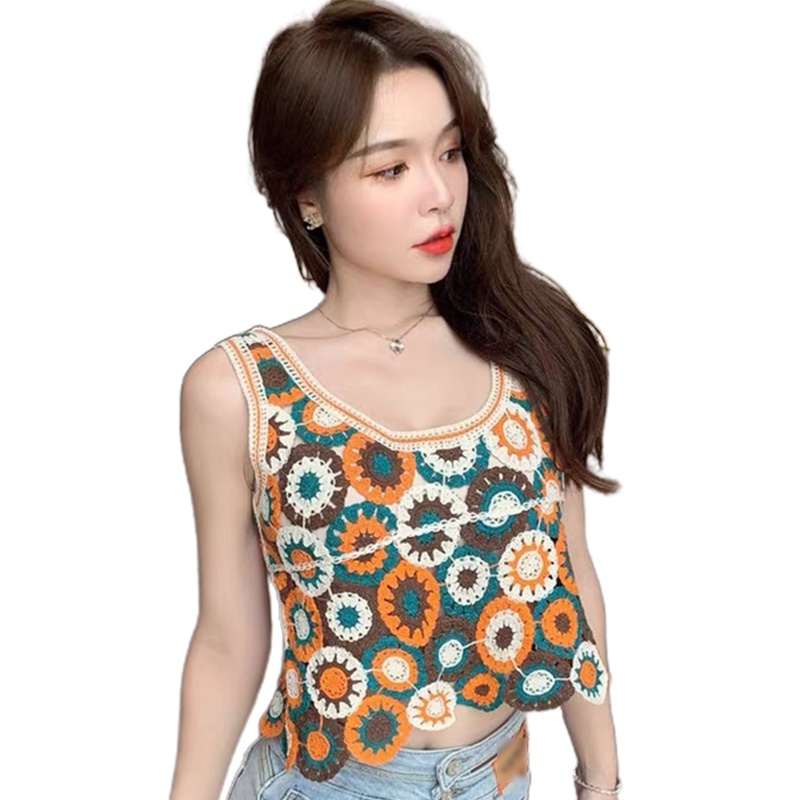 Brroa Áo Crop Top Dệt Kim Không Tay Họa Tiết Hoa Tròn Rỗng Đan Móc Thời Trang Đi Biển Cho Nữ