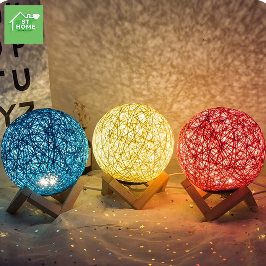 Đèn Ngủ Cầu Mây Đa Năng - Đèn Ngủ Để Bàn Đế Gỗ Cao Cấp - Điều Chỉnh được Độ Sáng