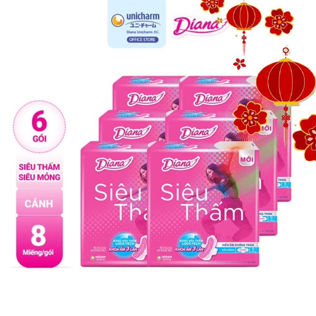 Bộ 6 gói Băng vệ sinh Diana siêu thấm siêu mỏng cánh gói 8 miếng